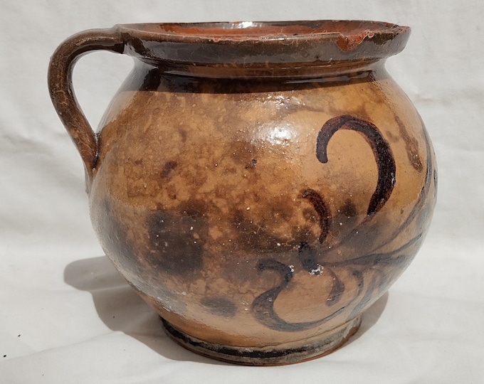 Antique Stoneware Dark Green Water Jug, Ethnographic Ceramic Pottery Ewer