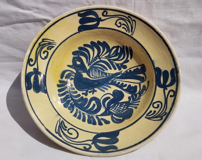 Clay Plate, Transylvania Korond Pottery, Folk Bird Pottery, Antique Peasant Plate, Blue Bird Plate