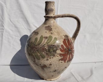 Antique Folk White Green Milk Jug, Stoneware Flower Decorated Hungarian Pitcher