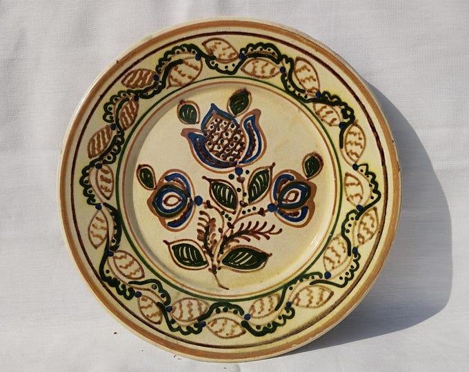 Antique Traditional Folk Transylvania Korond Pottery Plate from 1908, Vintage Stoneware Folk Peasant Plate