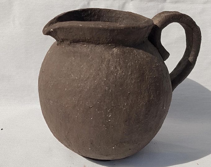 Antique Stoneware Brutal Primitive Folk Water Jug, Heavy Ethnographic Ceramic Pottery Milk Jug