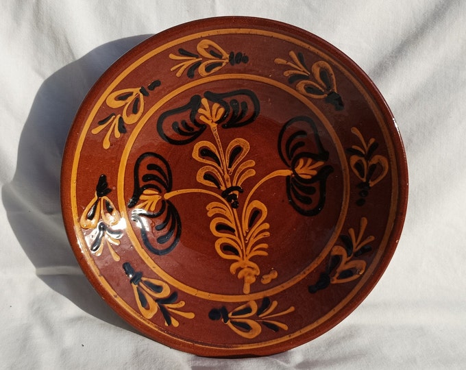 Folk Flower Brown Plate, Handpainted wall plate, Flower designed Wall Hanging, Kitchen Decoration, Rare Wall Hanging Plate