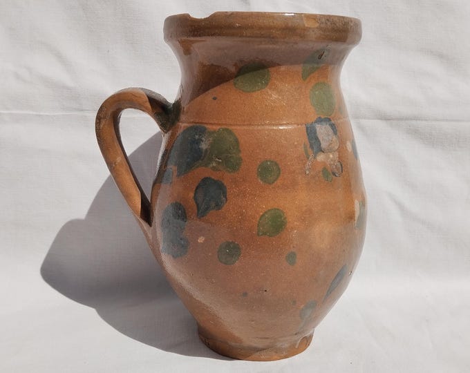 Antique Folk Traditional Splashed Glazed Pitcher, Stoneware Jug