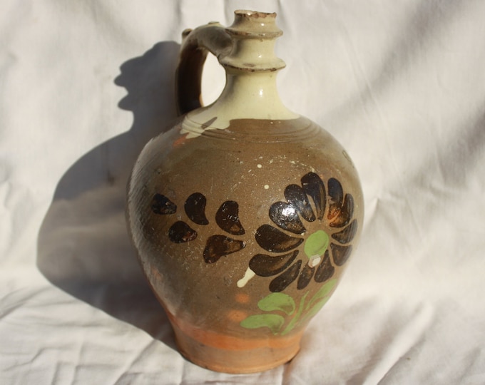 Traditional Brown Flower Decorated Jug, Folk Pitcher, Vintage Ewer, Ceramic Pitcher, Ceramic Pottery