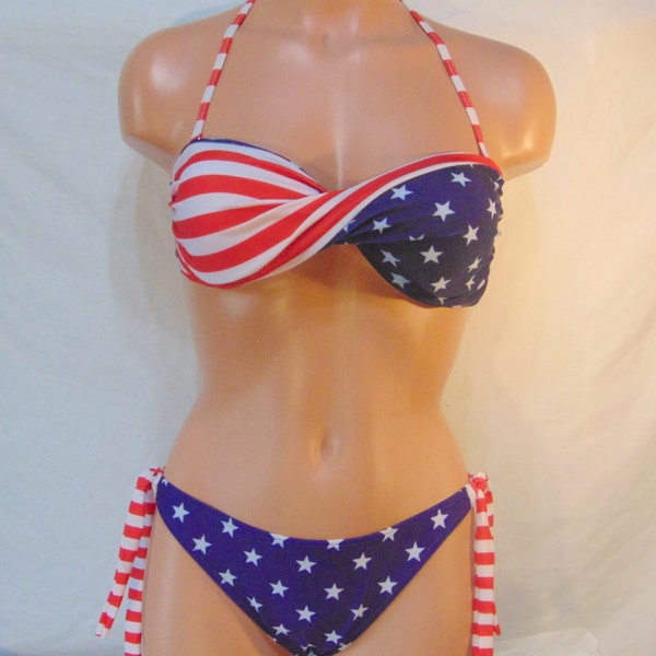 Bandeau, twisted bikini set, USA Bandeau bikini set, Spandex bandeau, Spandex swimsuit, American bandeau set, Patriotic set. Pads included.