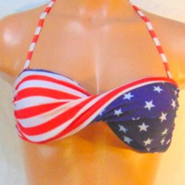 Bandeau, twisted Bikini top, USA Bandeau bikini top, Spandex bandeau, Spandex swimsuit, American flag bandeau top, Pads included.