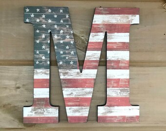 12" American Flag Wall Art, Wall Decor, Rustic Decor, American Flag Letter,  Letter Art, Gallery Wall, Hanging Letter, Decorated Letter