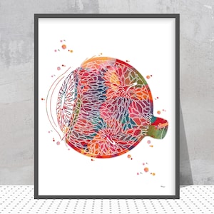 May include: A framed watercolor print of a human eye, showcasing a cross-section with vibrant colors. The artwork features a detailed depiction of the eye's anatomy, with red, orange, and green hues. The print is set against a white background.