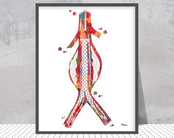 Könnte beinhalten: Gerahmter Aquarelldruck einer medizinischen Illustration, die ein Aortenaneurysma mit einem Stent zeigt. Das Kunstwerk verwendet Rot-, Orange- und Grüntöne mit einer detaillierten Darstellung der Struktur des Stents. Der Druck ist signiert.