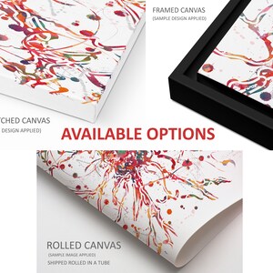 Puede incluir: Una pintura abstracta acuarela colorida sobre lienzo, disponible en tres formatos diferentes: enmarcada, estirada y enrollada. La pintura presenta un fondo blanco con un dise&ntilde;o vibrante en rojo, naranja, amarillo y azul.