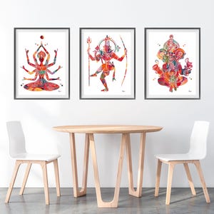 Decorazione per sala yoga, set di 3 stampe con divinità indù indiane, Kali, Shiva e Ganesh, arte spirituale, decorazione per sala di meditazione, arte con mantra yoga, regalo per insegnante di yoga