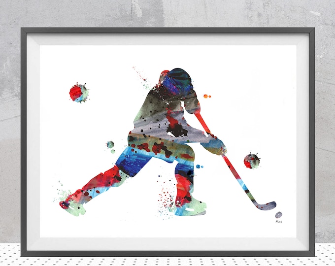 Hockey Player Watercolor Print Male Ice Hockey Poster Hockey Sport Art Painting Hockey Personalized Wall Art Gift Add A Name