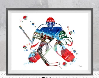 Stampa portiere di hockey Giocatore di hockey su ghiaccio Poster ad acquerello Giocatore di hockey durante una partita Sport Arte Hockey Regalo personalizzato per arte della parete Aggiungi un nome