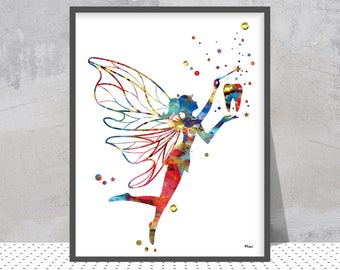 Tooth Fairy Dental Art Print Pediatric Dental Care Baby Teeth Watercolor Anatomy Art Dental Clinic Wall Art Gift