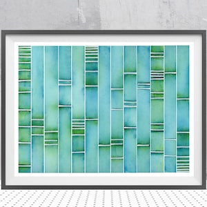 May include: A framed watercolour print with a vertical pattern of teal and green rectangles. The rectangles have white horizontal lines and varying shades, creating a textured, abstract design. The artwork is displayed in a black frame.