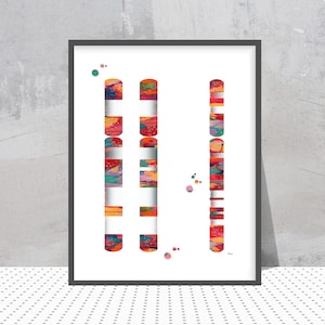 Può includere: Stampa d'arte astratta con tre colonne verticali di forme geometriche colorate. Le forme sono disposte in un motivo ripetitivo, creando un senso di ritmo e movimento. La stampa è su sfondo bianco e incorniciata in nero.