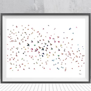 Bandada de pájaros Impresión de acuarela Póster de bandada Ilustración de bandada de pájaros Gran grupo de pájaros volando Arte de pared Impresión de regalo Póster de bandada