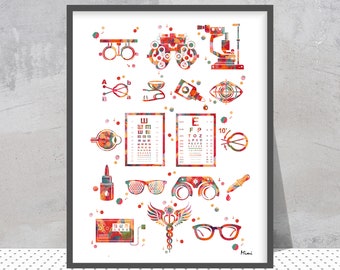 Optometry Instruments Print Eye Test Vision Care Equipment Poster Optical Tools Art Optometric Eye Exam Watercolor Ophthalmology Wall Art