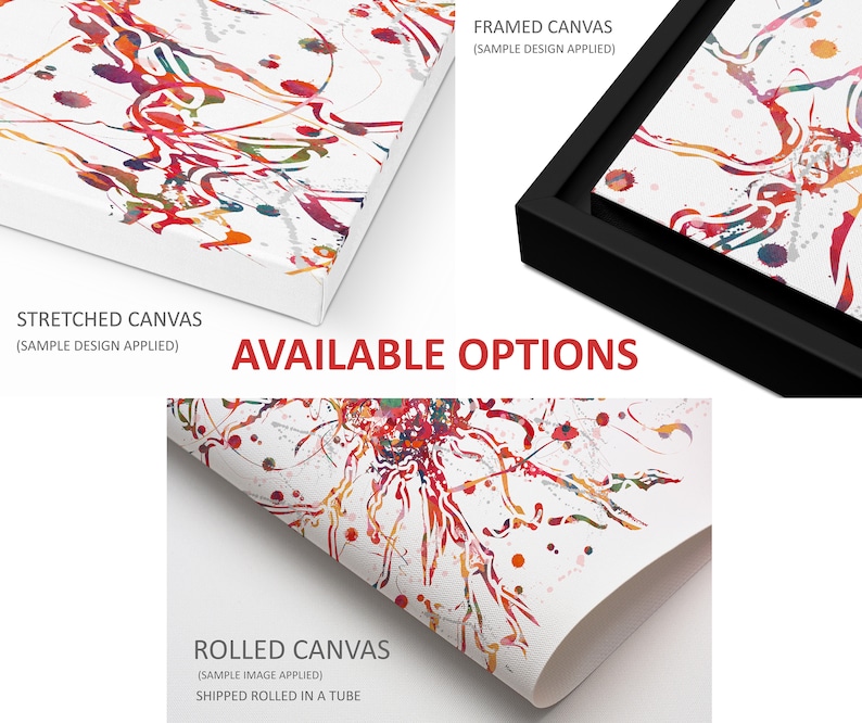 May include: A colorful abstract watercolor painting on canvas, available in three different formats: framed, stretched, and rolled. The painting features a white background with a vibrant red, orange, yellow, and blue design.