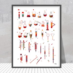 Chemical Tools Watercolor Print Chemistry Lab Glassware Equipment Poster Laboratory Tubes Flasks Syringes Pipettes Science Art print