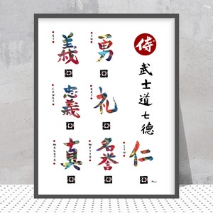 The Seven Virtues Of Bushido Watercolor Print Bushido Code Poster Samurai Virtues Painting Samurai Code Print Ethical IT Symbol Poster