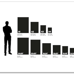 Peut inclure: Un tableau comparant les tailles de diff&eacute;rents formats de papier, notamment A1, A2, A3 et A4. Le tableau indique les dimensions en pouces et en centim&egrave;tres. Le tableau comprend &eacute;galement les tailles de 24x36, 20x30, 18x24, 16x20, 12x18 et 11x14.