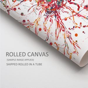 May include: Rolled canvas print featuring an abstract watercolor design with red, orange, and yellow paint splatters on a white background. The canvas is rolled up, revealing the artwork's edge. Text on the canvas reads "ROLLED CANVAS".