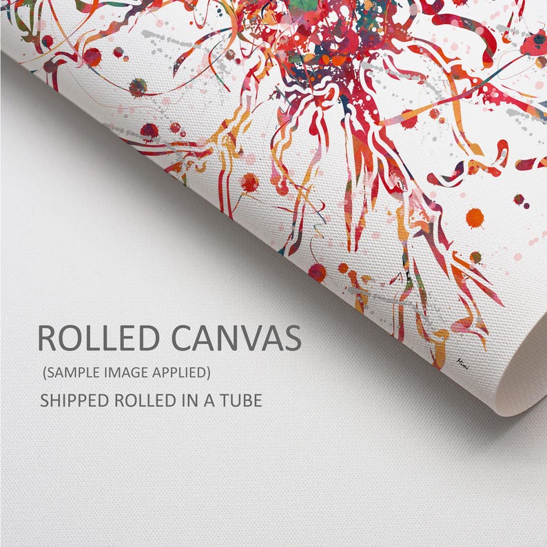 May include: Rolled canvas print featuring an abstract watercolor design with red, orange, and yellow paint splatters on a white background. The canvas is rolled up, revealing the artwork's edge. Text on the canvas reads "ROLLED CANVAS".