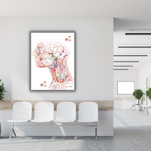 May include: A white canvas print of a detailed anatomical illustration of the head and neck, with a focus on the nerves and blood vessels. The illustration is in shades of red, orange, yellow, and blue, and is set against a white background.