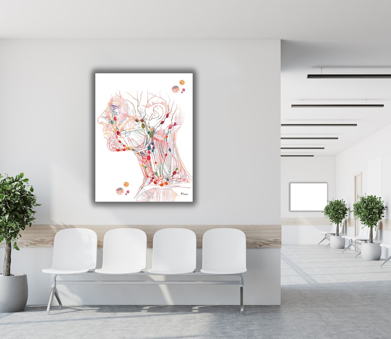 May include: A white canvas print of a detailed anatomical illustration of the head and neck, with a focus on the nerves and blood vessels. The illustration is in shades of red, orange, yellow, and blue, and is set against a white background.