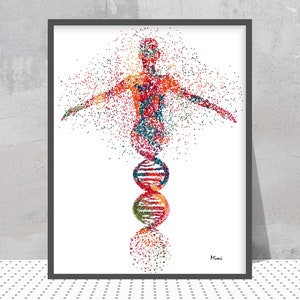 DNA Shaped Woman Print Abstract Symbol Of DNA Poster Woman Made Out Of Molecules Watercolor Science Print Biology Lab Decor Genetics Print