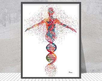 DNA Woman Watercolor Print, Abstract Science Biology Art