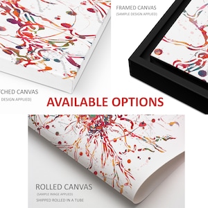 May include: A colorful abstract watercolor painting on canvas, available in three different formats: framed, stretched, and rolled. The painting features a white background with a vibrant red, orange, yellow, and blue design.