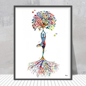 May include: A colorful watercolor painting of a person in a yoga pose, with a tree growing from their body. The tree has colorful leaves and roots.