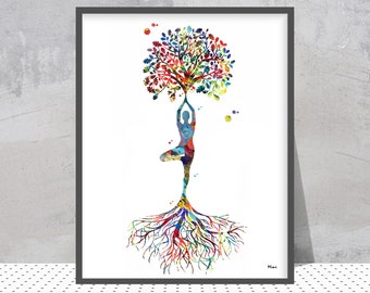 Watercolor Yoga Tree Pose Print | Meditation Space Decor | Gift for Spiritual Practitioners