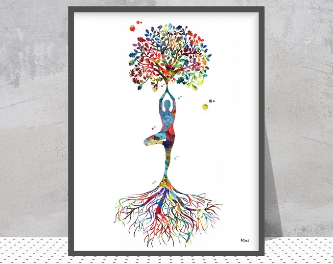 Yoga Tree Pose Watercolor Print Yoga Tree Of Life poster yoga meditation art print yoga tree illustration yoga wall decor
