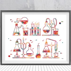 Chemistry Lab Watercolor Print Test Tubes and Flasks Chemical Tools Science Art Print