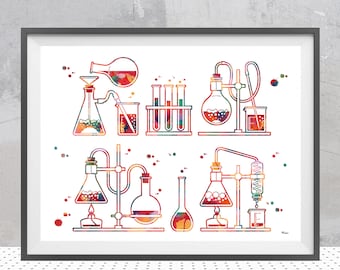 Chemistry Lab Watercolor Print Test Tubes and Flasks Chemical Tools Science Art Print