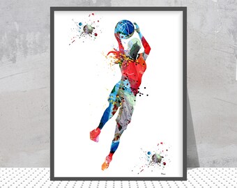 Female Basketball player watercolor print girl playing basketball poster sports art gift baskeball illustration Personalized art add Name