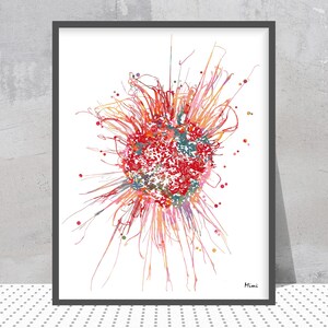 May include: Abstract art print featuring a central red burst with colorful lines and dots radiating outward. The artwork is framed in a dark gray frame and set against a white background. The artist's signature is in the lower right corner.