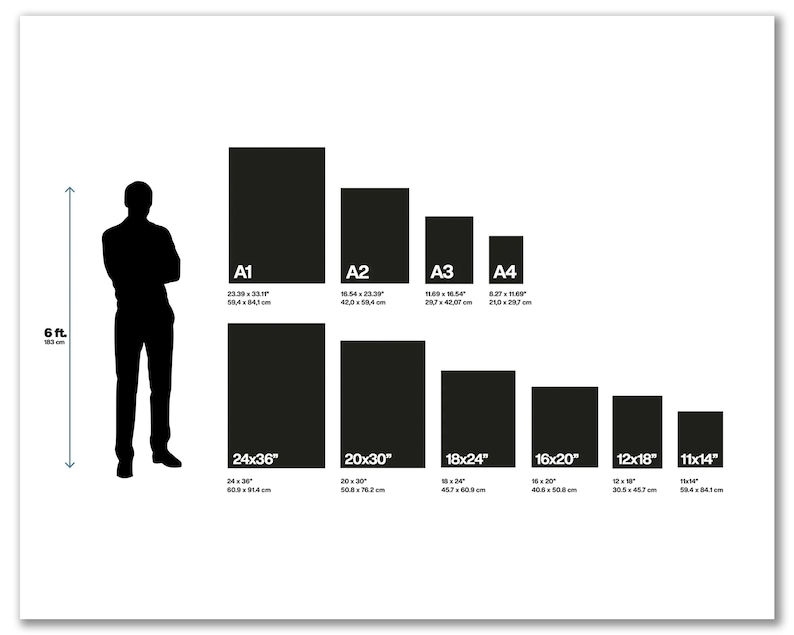 May include: A chart comparing the sizes of different paper formats, including A1, A2, A3, and A4. The chart shows the dimensions in inches and centimeters. The chart also includes the sizes of 24x36, 20x30, 18x24, 16x20, 12x18, and 11x14.