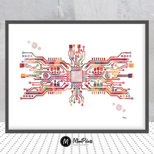 Computer Watercolor Print Circuit Board Science Art Poster Electronics Art Motherboard With Binary Code Information technology Print