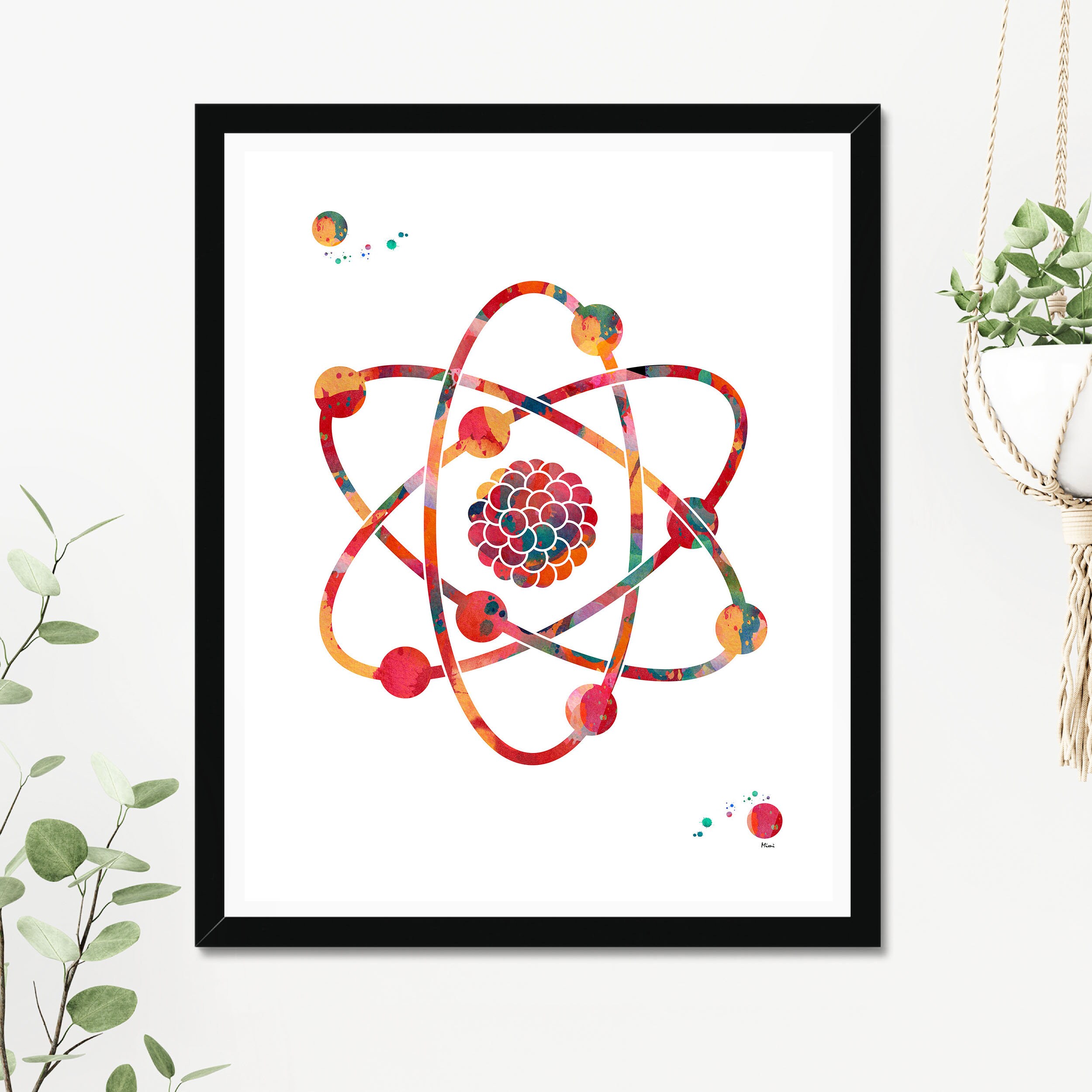 Atom Watercolor Print Science Art Poster Nuclear Model Abstract Print Atomic 