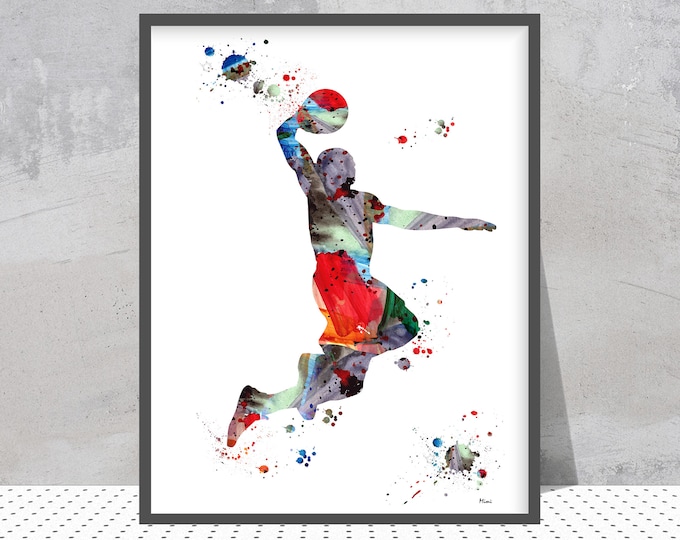 Basketball player Watercolor Print One Hand Slam Dunk Art Print Sport Art Basketball Personalized Wall Art Gift Add A Name