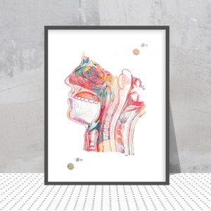 Respiratory system watercolor print Nose Mouth Throat Larynx anatomy art poster Human Head section air pathway medical art print wall decor