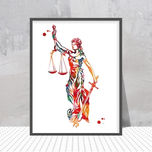 Lawyer Office Print Justice Symbol Watercolor Lady Justice Themis Greek Goddess of Justice with Blindfold Sword Balance Law Office Poster
