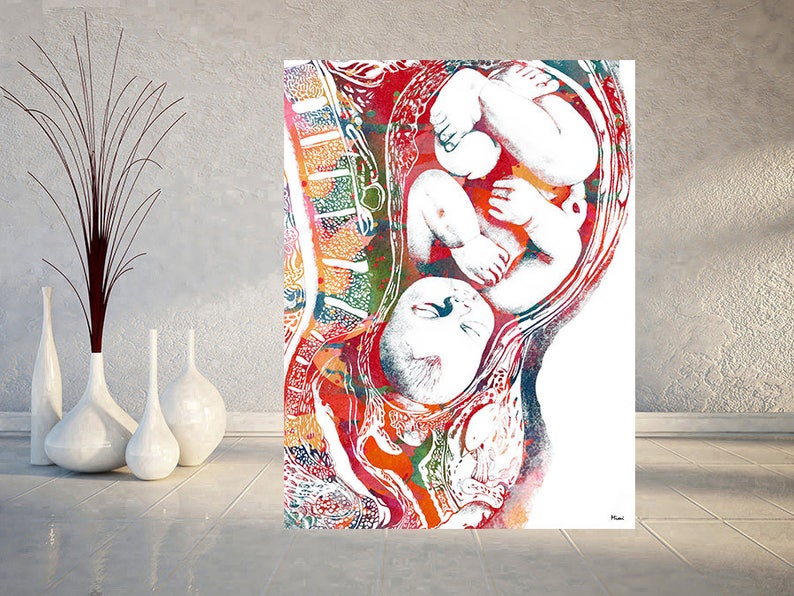 Pregnancy watercolor print full term baby in womb poster image 1