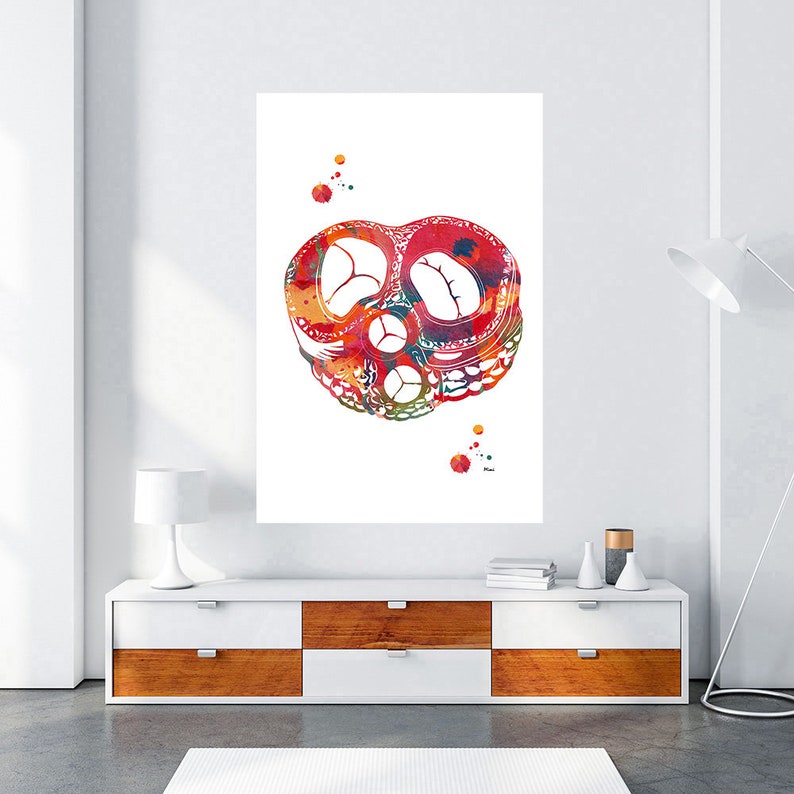 May include: A watercolor painting of a human heart with a red, orange, yellow, and green color scheme.