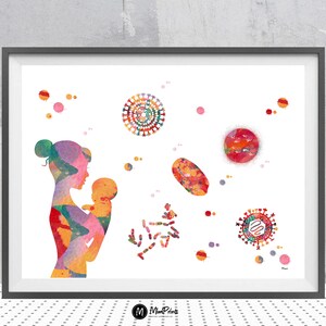 Stampa ad acquerello del sistema immunitario del neonato Arte medica Poster scientifico di immunologia neonatale Stampa di immunità passiva del bambino Arte pediatrica