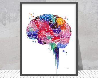 Brain Watercolor Print Anatomy Art, Brain Lateral View Poster Lobes Of The Cerebral Cortex Abstract Medical Art Neurology Art Gift